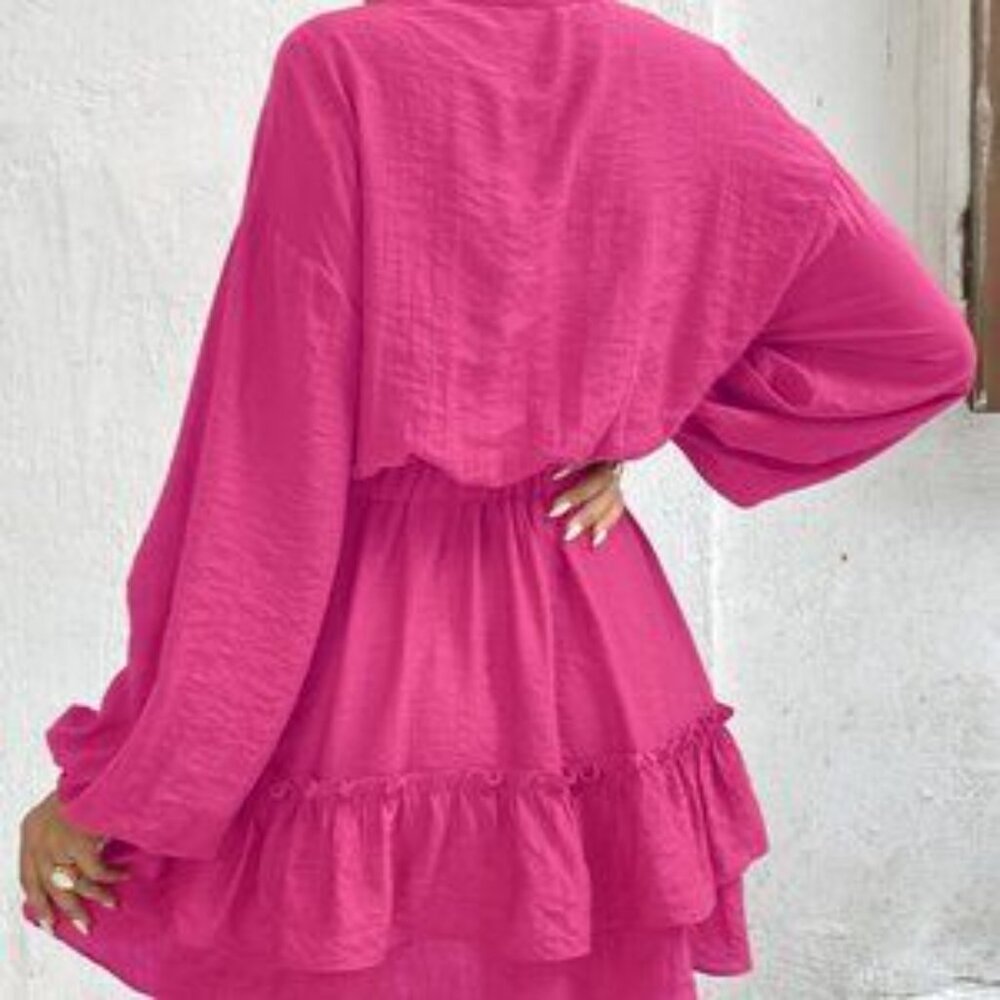 Pink Casual Women's Notched Neckline Lantern Sleeve Ruffle Hem Dress - Picture 2 of 4